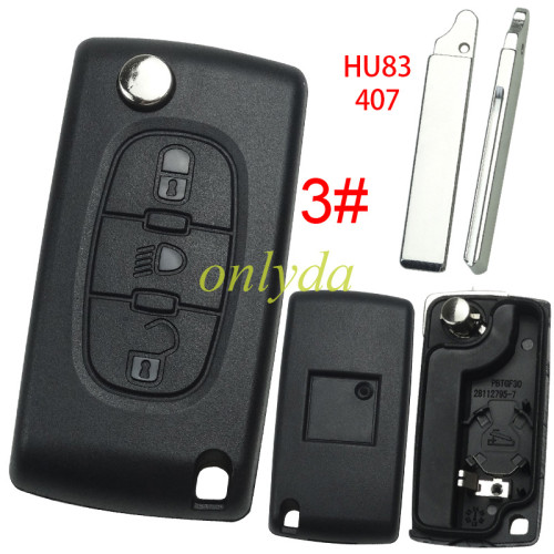 free shipping and no tax from czech to europe 10pcs/lot for Peugeot flip remote replacement key shell,blade HU83 with battery clamp with badge place