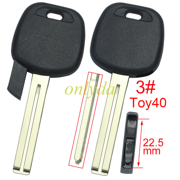 For Toyota transponder key blank , without badge with TPX chip and carbon chip part ,The latch is below, 1# Toy43 ,2#Toy48,3#Toy40 ,pls choose blade model