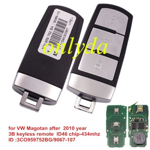 Free shipping For  VW Magotan 3 button  keyless  remote key with ID46 chip after  2010 ID :3CO959752BG/9067-107
