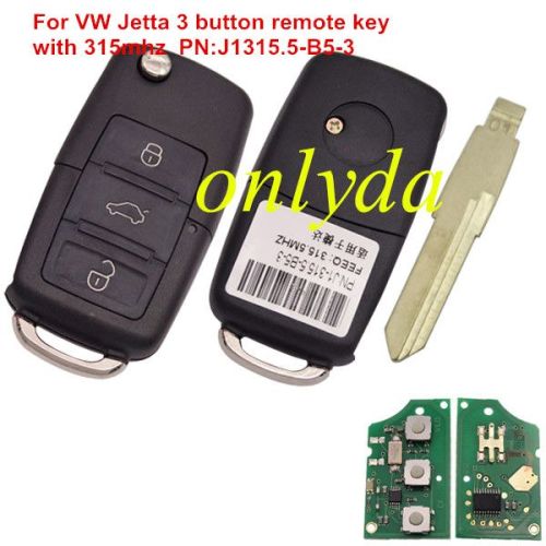 Free shipping For VW Jetta 3 button remote key  with 315mhz without chip PN:J1315.5-B5-3