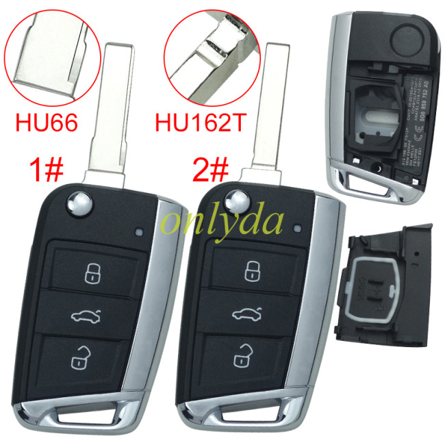 Free shipping 5pcs/lot For  VW Gof7 3 button remote key shell with blade 1#HU66  2#HU162T ,Pls choose blade model