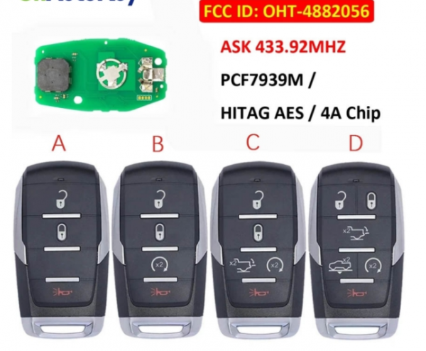 Free shipping For  Dodge remote key with 433.92mhz with PCF7939M/HITAG AES/4A chip ,can choose the key shell