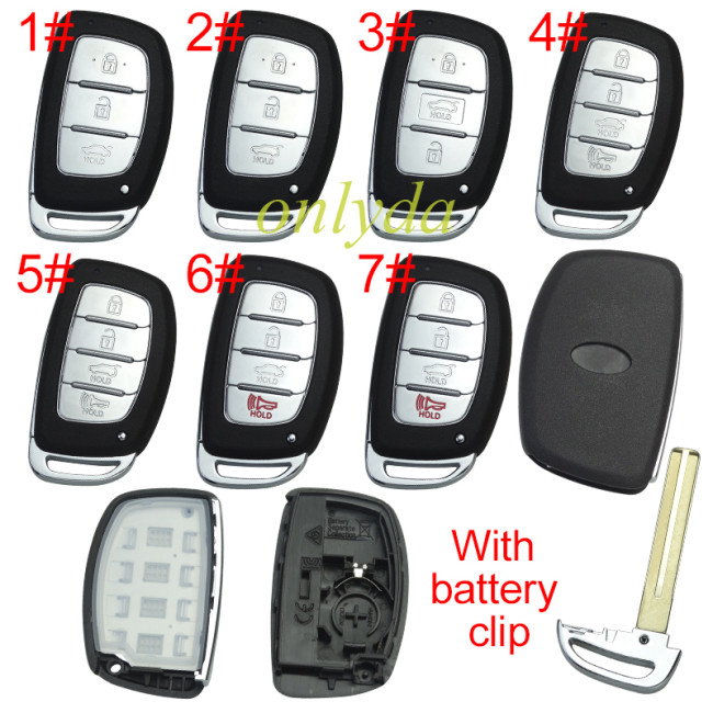 Free shipping 5pcs/lot For Hyundai  remote key blank with battery clip with badge , pls choose button