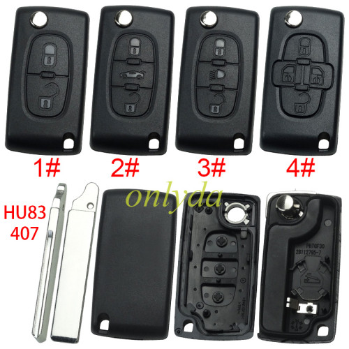 Free shipping 10pcs/lot For Citroen flip remote replacement key shell,blade HU83-with battery clamp without badge,pls choose the button
