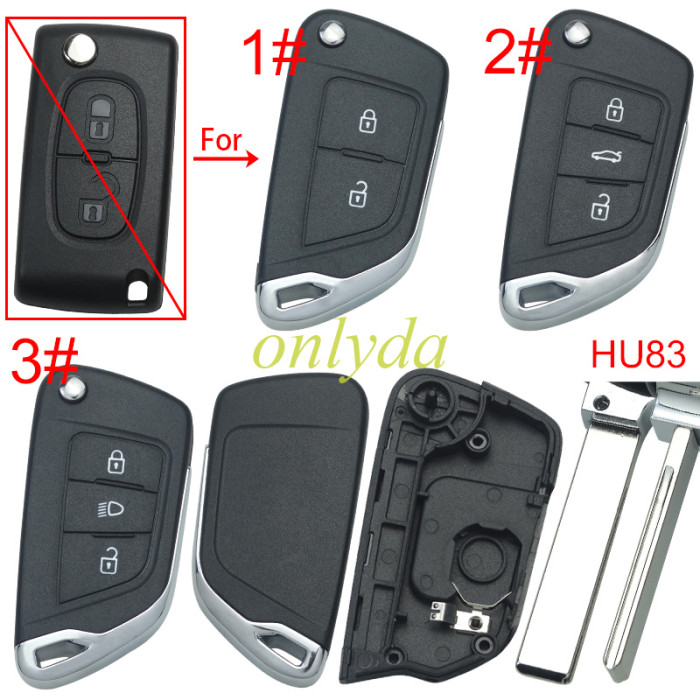Free shipping 5pcs/lot For Peugeot modified  remote key shell with battery clamp without badge place, blade HU83. pls choose the button type