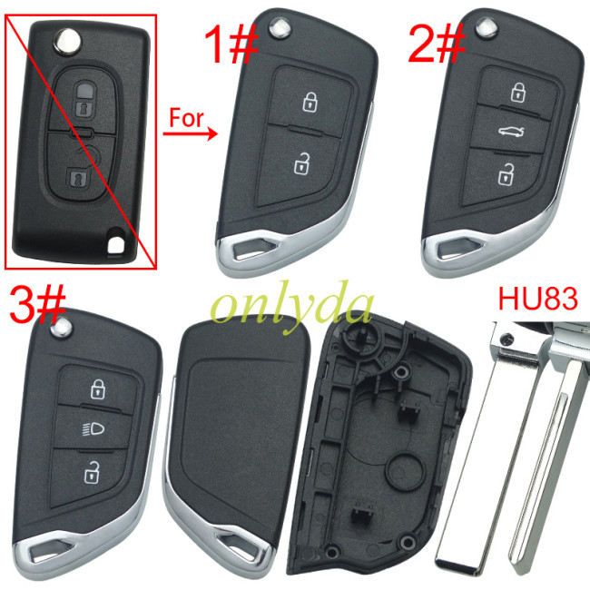 Free shipping 5pcs/lot For Peugeot modified  remote key shell without battery clamp with badge place, blade HU83. pls choose the button type