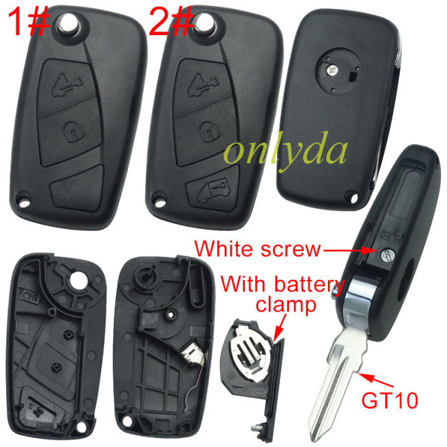 Free shipping 5pcs/lot Super Stronger GTL shell  Fiat 2/3 button remote key blank with GT10 blade ,Side silver hook screw, with battery clamp with badge,  pls choose button
