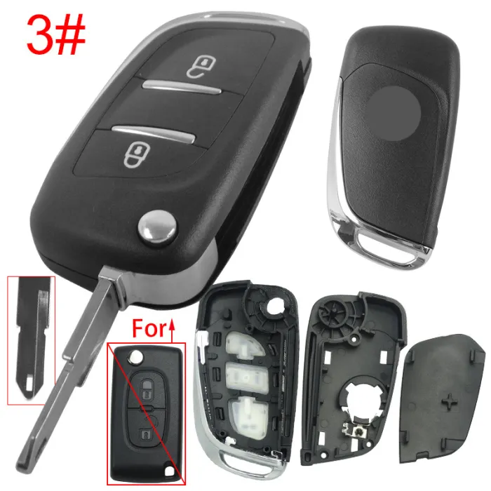 For Peugeot modified 2 button remote key shell with battery clamp with badge place, pls choose the blade type  1#-VA2 2#-HU83 3#-NE73