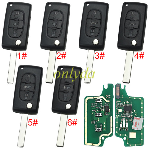 KYDZ brand Peugeot CE0536 3 Button Flip  Remote Key with 46 chip  ASK model  with VA2 and HU83 blade, trunk and light button , please choose the key shell