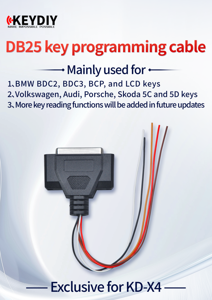 KEYDIY DB25 Programming SAFE SOLDER-WIRE READING CABLE  exclusive for KD-X4, Mainly used for 1. BMW BDC2,BDC3,BCP, and LCD keys 2.Volkswagen, Audi, Porsche, Skoda 5C and 5D keys