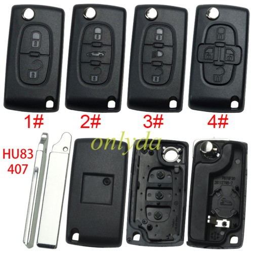 Peugeot flip remote replacement key shell,blade HU83 with battery clamp with logo place,pls choose the button