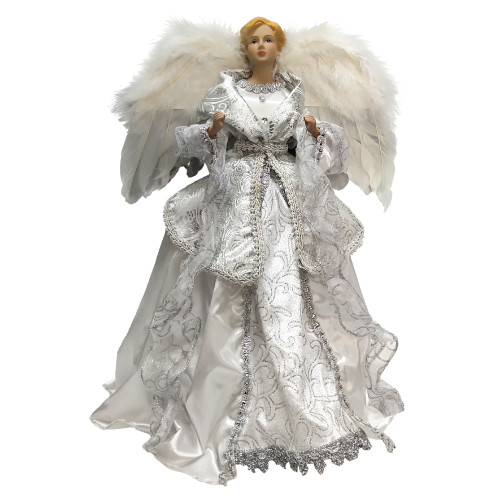 BQS 16-Inch Silver and White Christmas Angel Tree Topper