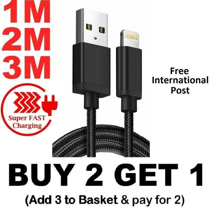 Long Braided USB Quick Charger Data Charging Cable Lead For iPhone 12 11 XR 8 7