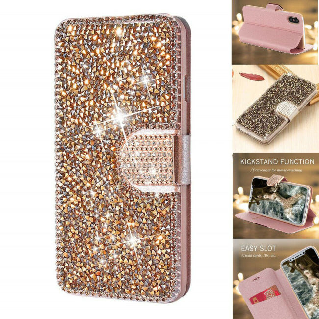 For Apple iPhone 7 8 Plus X XMAX Diamond Bling Flip Wallet Case Magnetic Crystal