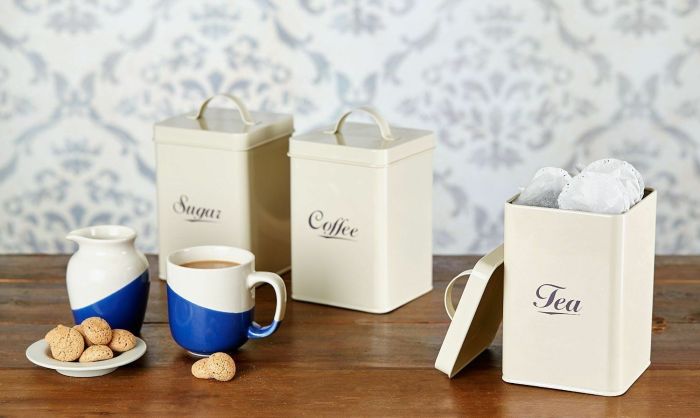 Set of 3 Airtight Tea Sugar and Coffee Storage Canister Jars Cream Square Round
