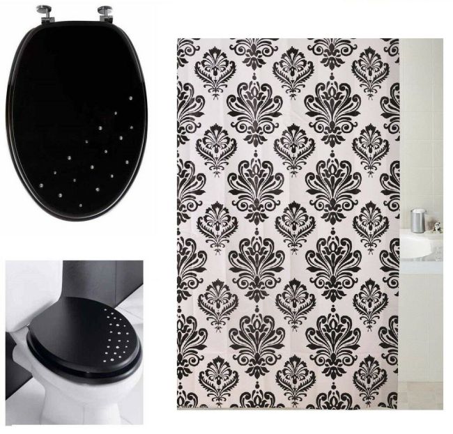 DIAMANTE WOODEN MDF WC TOILET SEAT BLACK AND DAMASK SHOWER CURTAIN WITH HOOKS