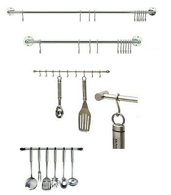 Chrome Hanging Rail for Kitchen Utensils Wall Mounted Rack Storage Tidy + Hooks