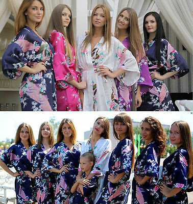 *Silk Short/long Wedding Bride Bridesmaid Robe Women Floral Bathrobe Kimono Robe