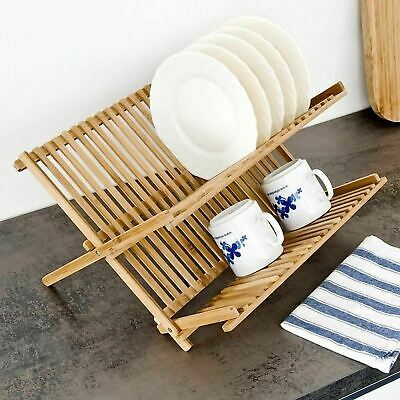 2 TIER FOLDABLE BAMBOO DISH RACK KITCHEN DISH DRAINER PLATE CUP CUTLERY HOLDER