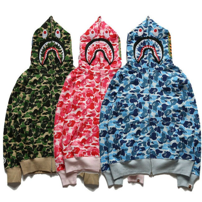 Bape A Bathing Ape Shark Head Men's Camo Hoodie Sweatshirt Full-Zip Jacket  Coat*