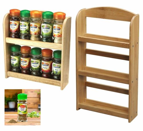 BAMBOO WOOD 2 or 3 TIER SPICE HERBS JARS RACK HOLDER STAND NATURAL WALL MOUNTED