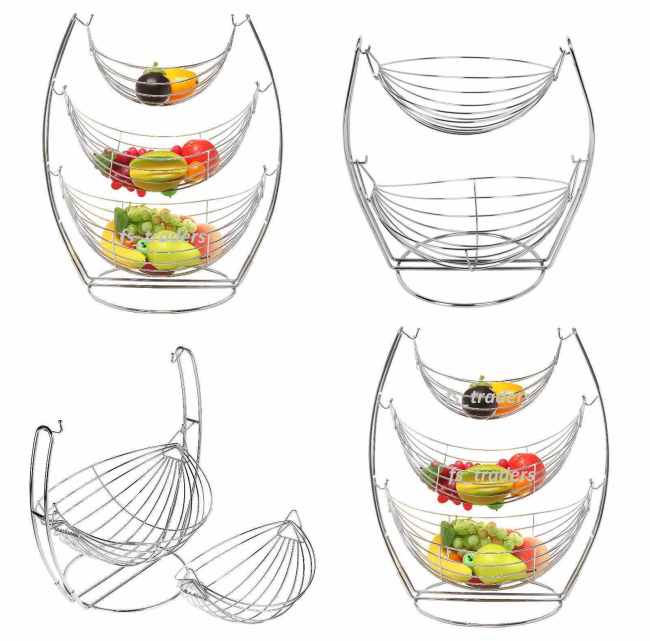 Chrome Swinging Fruit Vegetable Bowl Basket 2 & 3 Tier Rack Storage Stand Holder