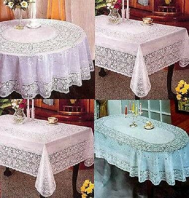 PVC 100% VINYL WHITE EMBOSSED LACE TABLECLOTH TABLE COVER OVAL RECTANGLE SQUARE