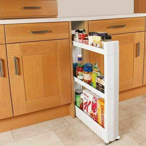 Slide Out Storage Tower Folding 3 Tier Rolling Castor Dolly Trolley Spice Rack