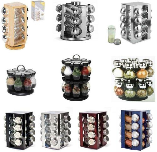Spice Rack Carousel 16 / 8 Jars Wooden Stainless Steel Rotating Kitchen Storage
