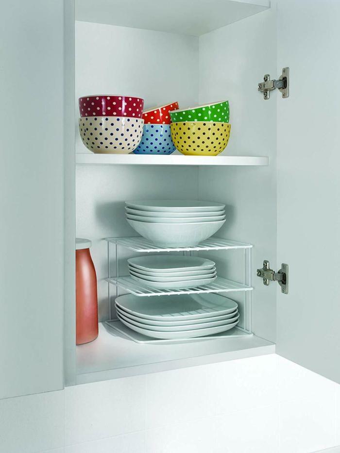 CORNER PLATE RACK 2 TIER WHITE COATED WIRE KITCHEN STORAGE PLATES ORGANISER TIDY