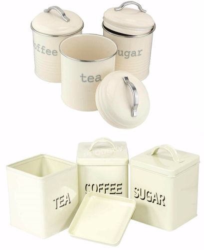 Set of 3 Airtight Tea Sugar and Coffee Storage Canister Jars Cream Square Round