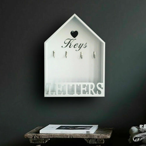 Vintage Hanging Wooden Key Holder & Letter Rack Hooks Storage White Wall Mounted