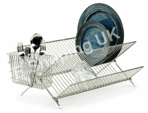 Chrome Dish Drainer With Caddy Kitchen Plates Storage Organizer Cutlery Holder