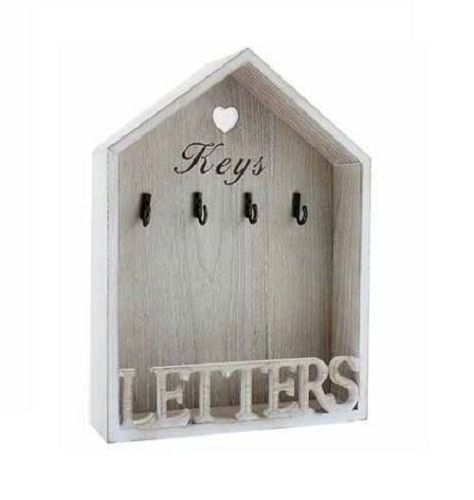 Vintage Natural Letter Rack 4 Key Holder Hooks Storage Shabby Chic Wall Mounted