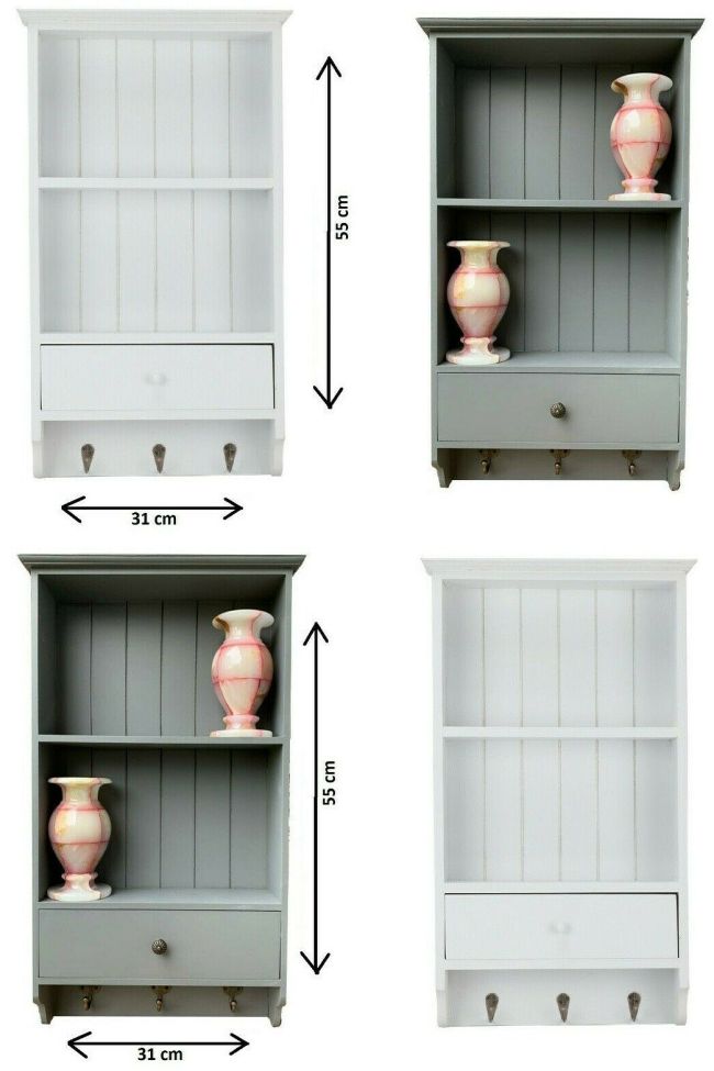Vintage Shabby Chic Shelf Unit With Storage Drawer Wooden 3 Key Hooks Wall Mount