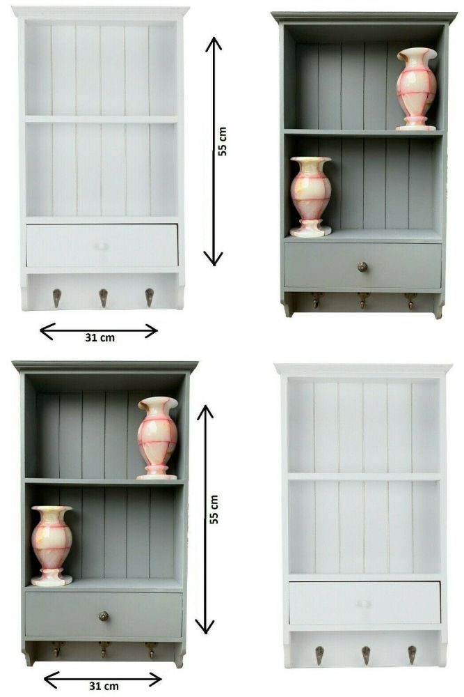 Vintage Shabby Chic Shelf Unit With Storage Drawer Wooden 3 Key Hooks Wall Mount