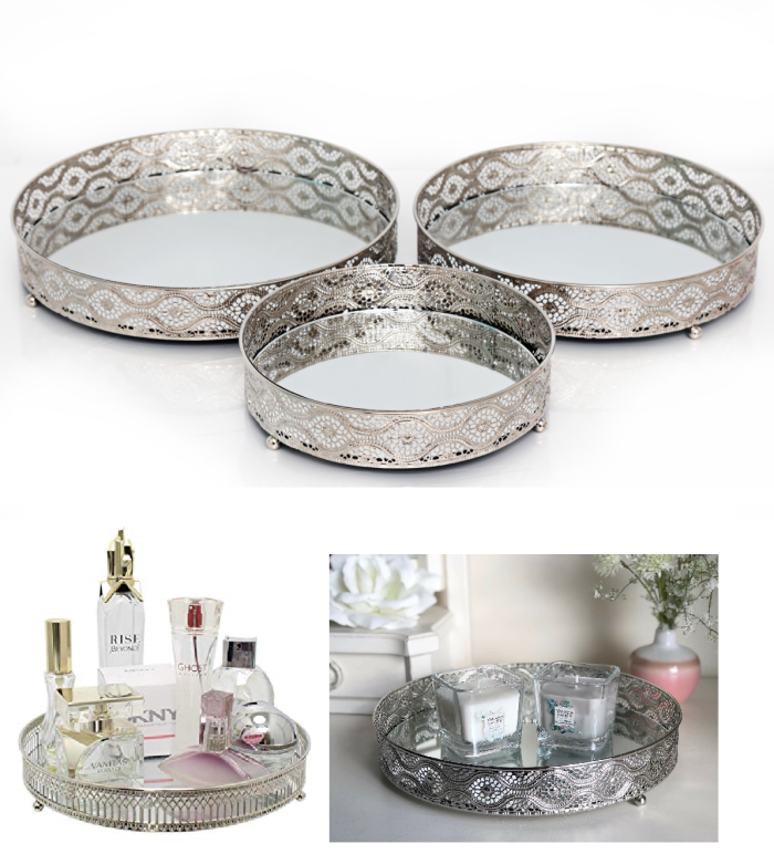 3pcs Silver Mirror Candle Plates Ornaments Home Decoration Centre Piece Dish New