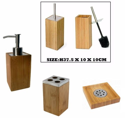 Bamboo Wood Soap Dish Dispenser Tumbler Toothbrush Holder Bathroom Accessory Set