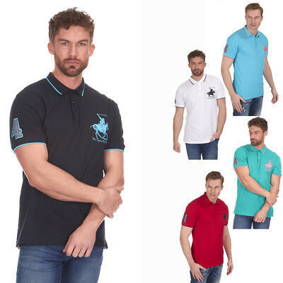 Mens Designer Polo Horse Shirt Short Sleeve Pique Tipped T-Shirt Top Tee S-XXL