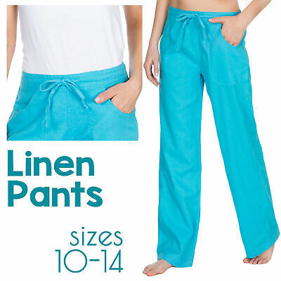 Ladies Linen Trousers Pants Drawstring Summer Holidays Bottoms Turquoise 10-14