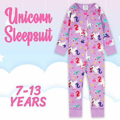 Kids Girls 1Onesie1 Pyjama All In One Sleepsuit Playsuit Unicorn Size 7-13 Years