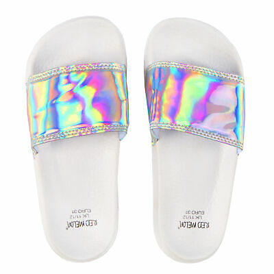 Girls Summer Sliders Holographic Iridescent Slip on Sliders for Girls Pool Beach
