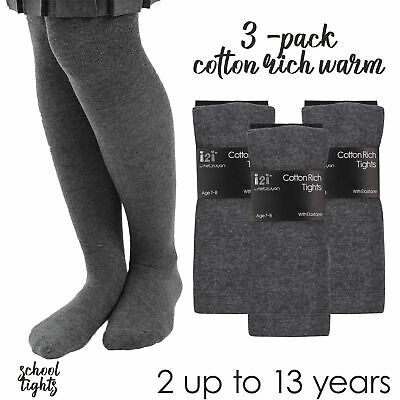 3 Pairs Girls Grey School Tights Pack Cotton Rich Age 2-13 Uniform Warm Thick