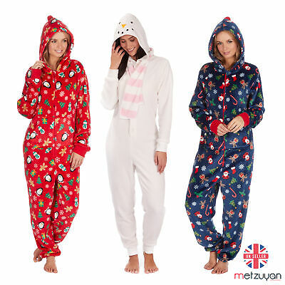 ONEZEE Ladies Novelty Xmas Snowman Jumpsuit Christmas Kigurumi Fleece Hood New