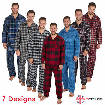 Mens PJ Cotton Yarn Flannel Checked Pyjama Set Chest Pocket Long Sleeve M-XXL