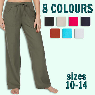 Metzuyan Womens Linen Trousers Wide Fit Summer Pants Drawstring Pockets 10-14