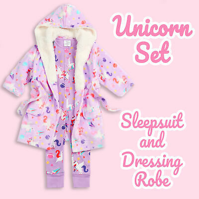 UK Kids Girls 1Onesie1 Dressing Gown Robe Jumpsuit Pyjama Set Unicorn 2-13 Years