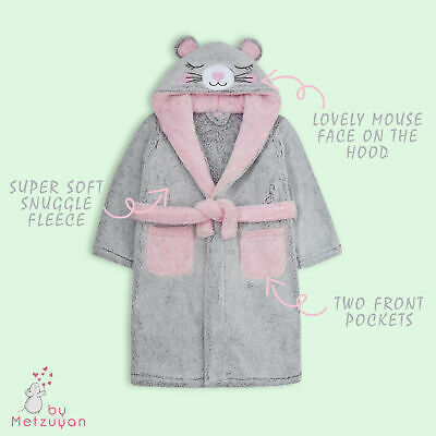 Girls Dressing Gown Novelty Mouse Kids Hooded Robe Fluffy Thick Snuggle Fleece