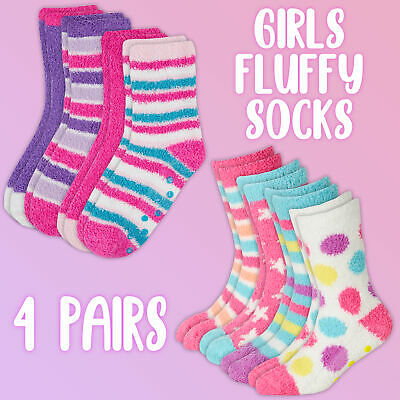 Kids Infant Girls Socks 4 Pairs Non Skid Anti Slip Grips Winter Warm Cosy Fluffy