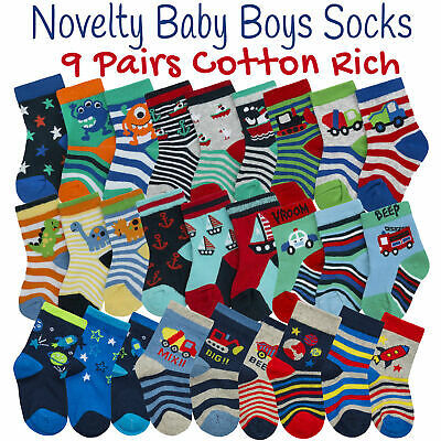 Newborn Baby Boys Cotton Rich Socks 9 Pair Bundle Novelty Cars Boats Dinosaur